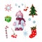 Set of isolated elements snowflakes, star, box, gift, snowman, candy cane, gingerbread. Merry Christmas.