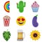 Set of isolated floating mattresses. Pool inflatables in the shape of rainbow, cactus, cupcake pop corn bucket, emoticon, eggplant