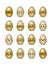 Set of isolated gold easter eggs with white decorations