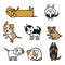 Set of isolated icons puppies of different breeds in the line art style  illustration