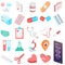 Set of isolated medical healthcare. Isometric icon for first aid kid tools, items of medical emergency box, thermometer, drug, pil