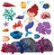 Set of isolated mermaid and underwater creatures