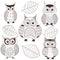 Set of isolated monochrome owls