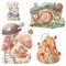 Set of isolated mushroom fairy house illustration.Cute cartoon elven, fairy or gnome houses in the form of pumpkin, tree