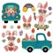 Set of isolated retro groovy easter rabbit