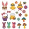 Set of isolated retro groovy easter rabbit, chick, eggs, flowers