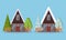 Set of isolated rural farm wood a-frame houses with fences, winter and summer trees and spruces