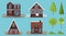 Set of isolated rural wooden farm houses with fences: two storey, a frame, tiled roof and chimney, attic