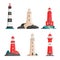 Set of isolated vector lighthouses on islands in flat style. Coastline landscape with beacon. Faros on seashore, lighthouse on the