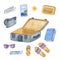 Set of isolated watercolor elements for travelling and holidays, suitcase, book, sun protective cream, camera, tickets, sun