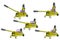 set of isolated yellow hydraulic car jacks on white background raised in different heights