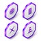 Set Isometric Alloy wheel for car, Car tire, Wheel wrench and Traffic cone icon. Purple hexagon button. Vector