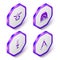 Set Isometric Anvil and hammer, Blacksmith oven, Medieval sword and Air blower bellows icon. Purple hexagon button
