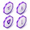 Set Isometric Bongo drum, Balalaika, Guitar pick and Flute icon. Purple hexagon button. Vector