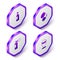 Set Isometric Bottle of wine, Olives, Perfume and Carnival mask icon. Purple hexagon button. Vector