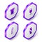 Set Isometric Bread toast, Wine glass, Food chopsticks and Candy icon. Purple hexagon button. Vector