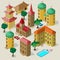 Set of isometric buildings with benches, trees, car, swimming pool and people