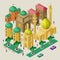 Set of isometric buildings, mosque, minarets, benches, trees, cars and people. Vector cityscape in oriental style