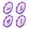 Set Isometric Bumper car, Rocket ship toy, Swing and Hopscotch icon. Purple hexagon button. Vector