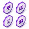 Set Isometric Buy button, Barcode, Mobile shopping and Stacks paper money cash icon. Purple hexagon button. Vector