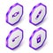 Set Isometric Candy, Sugar stick packets, Coffee filter holder and Iced coffee icon. Purple hexagon button. Vector