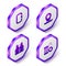 Set Isometric Carabiner, Location fishing, Fishing jacket and Spinning reel for icon. Purple hexagon button. Vector