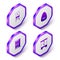Set Isometric Chair, Pouf, Wardrobe and Furniture nightstand icon. Purple hexagon button. Vector
