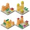 Set of isometric cityscapes with fortress wall, buildings and people