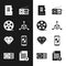 Set Isometric cube, Film reel, Micro SD memory card, Radio, Diamond and Smartphone with shield icon. Vector