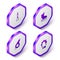 Set Isometric Dart arrow, Roller skate, Whistle and Punch in boxing gloves icon. Purple hexagon button. Vector