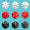 Set of isometric dice combination. Red, white and black poker cubes vector isolated.