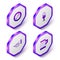 Set Isometric Dried fish, Glass of beer, Trumpet and Wooden mug icon. Purple hexagon button. Vector