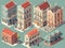 Set of isometric facades of multi-story houses. Cartoon style