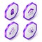 Set Isometric Fire in burning house, House, Umbrella hand and Life insurance with shield icon. Purple hexagon button