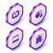 Set Isometric First aid kit, Humanoid robot, Laptop and Futuristic sliding doors icon. Purple hexagon button. Vector