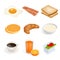 Set of isometric food scrambled eggs, yolk, breakfast, food, fast, delicious, bacon, bread, pancakes, croissant, oatmeal