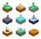 Set of isometric game islands. Cute lake, river, rock, river, island, ice, desert, waterfall, canyon locations. Colorful