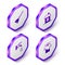 Set Isometric Handle broom, House, Water tap and Drying clothes icon. Purple hexagon button. Vector