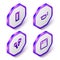 Set Isometric Harmonica, Trumpet, Maracas and Guitar amplifier icon. Purple hexagon button. Vector