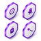 Set Isometric Honeycomb, Beekeeper glove, Cosmetic tube with honey and dipper stick icon. Purple hexagon button. Vector