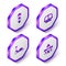 Set Isometric Hopscotch, Attraction carousel, Bumper and Sand castle icon. Purple hexagon button. Vector