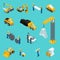 Set Isometric icons for construction workers, crane, machinery, power, transport, managers, laptop, clothes. Vector illustration