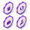 Set Isometric Infectious waste, Earth with shield, Water mill and Leaf in hand icon. Purple hexagon button. Vector