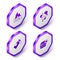 Set Isometric Kcal, Calcium, Bottle of water and No burger icon. Purple hexagon button. Vector