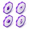 Set Isometric Leather, Gift bow, Sewing button for clothes and thread spool icon. Purple hexagon button. Vector