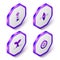 Set Isometric Lighthouse, Kayak and paddle, Whale tail and Compass icon. Purple hexagon button. Vector