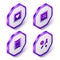 Set Isometric Like heart, Plus 16 movie, Play video and Thriller icon. Purple hexagon button. Vector
