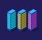 Set of isometric modern buildings Night business city 3D future