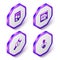 Set Isometric News, Advertising, Repair price and Business investor icon. Purple hexagon button. Vector
