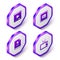 Set Isometric Online play video, Video with subtitles, Scenario and Retro tv icon. Purple hexagon button. Vector